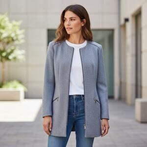 ZARA NEW Collarless Zip Front Coat Textured Gray Long Blazer Jacket Size L NWT